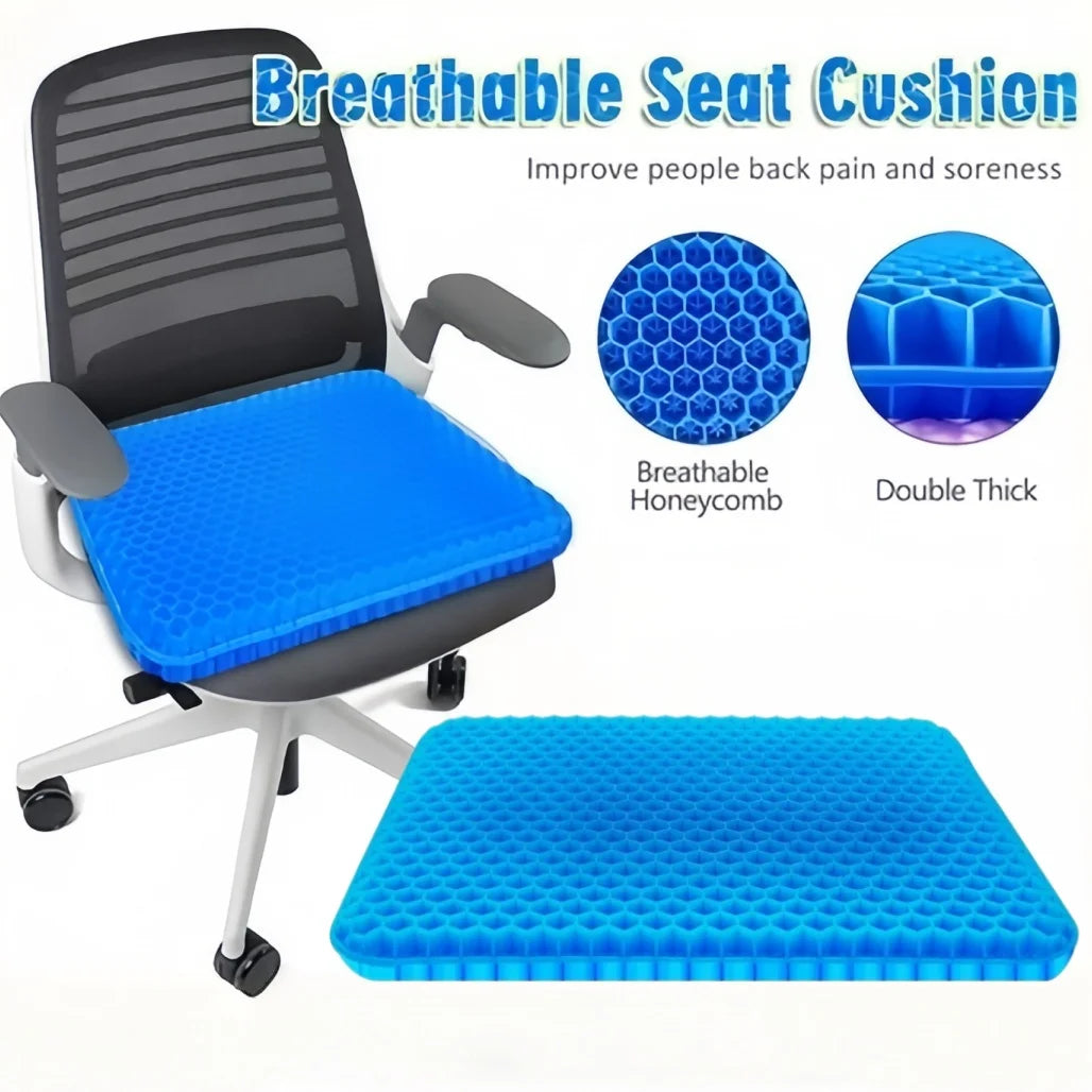 A blue breathable honeycomb silicone seat cushion shown on a gray office chair.