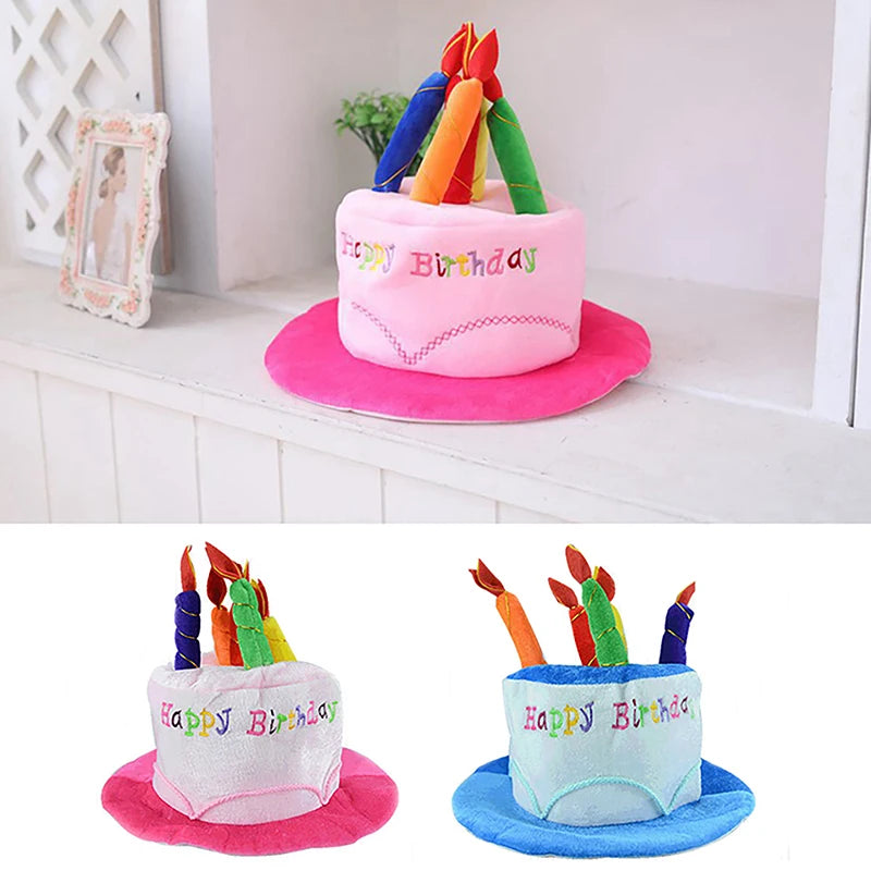 A pink birthday candle hat with colorful candles resting on a pink felt mat.