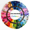 A circular display of vibrant cross-stitch thread in numerous colors arranged radially.