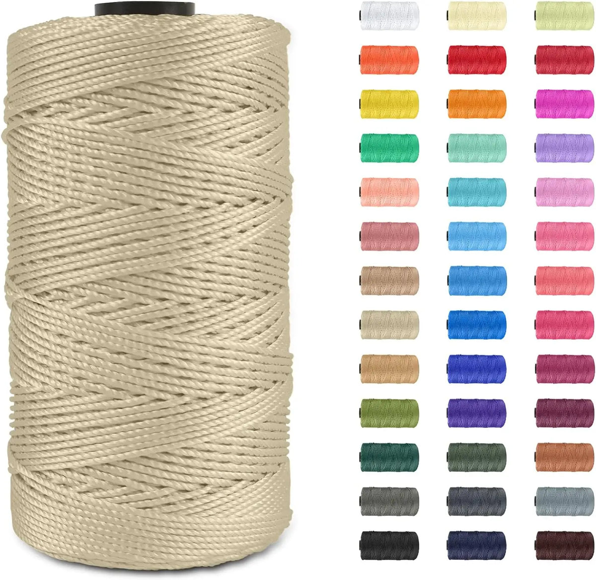 Spool of beige ice silk crochet yarn with various colored spools next to it.