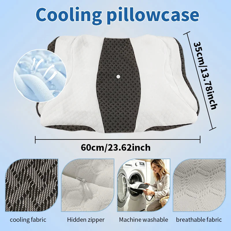 A white cooling pillowcase is shown with details about its fabric, zipper, and washability.
