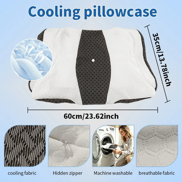 A white cooling pillowcase is shown with details about its fabric, zipper, and washability.