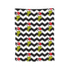 A black and white chevron pattern featuring repeating illustrations of a red-hatted, lime-green creature.
