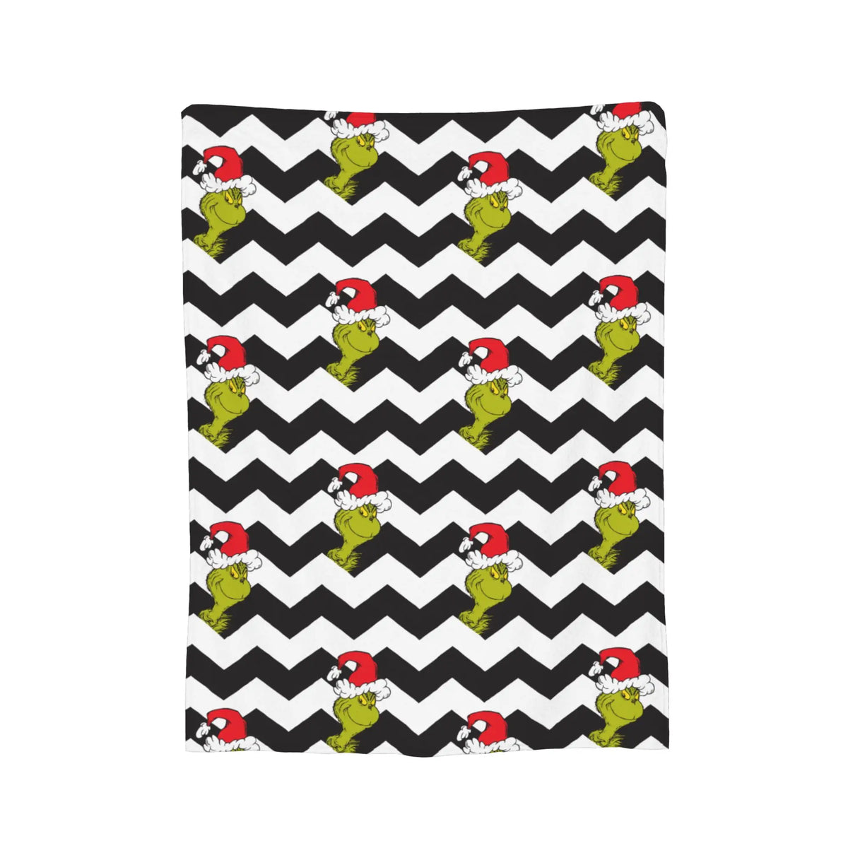 A black and white chevron pattern featuring repeating illustrations of a red-hatted, lime-green creature.