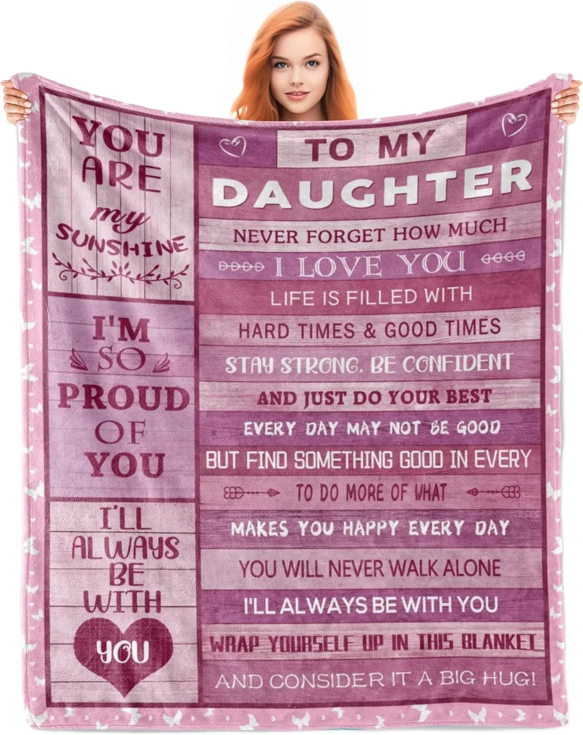 A pink printable knit blanket featuring inspirational text about a daughter and love
