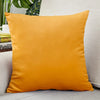 A square, mustard yellow velvet cushion cover resting on a light gray sofa.