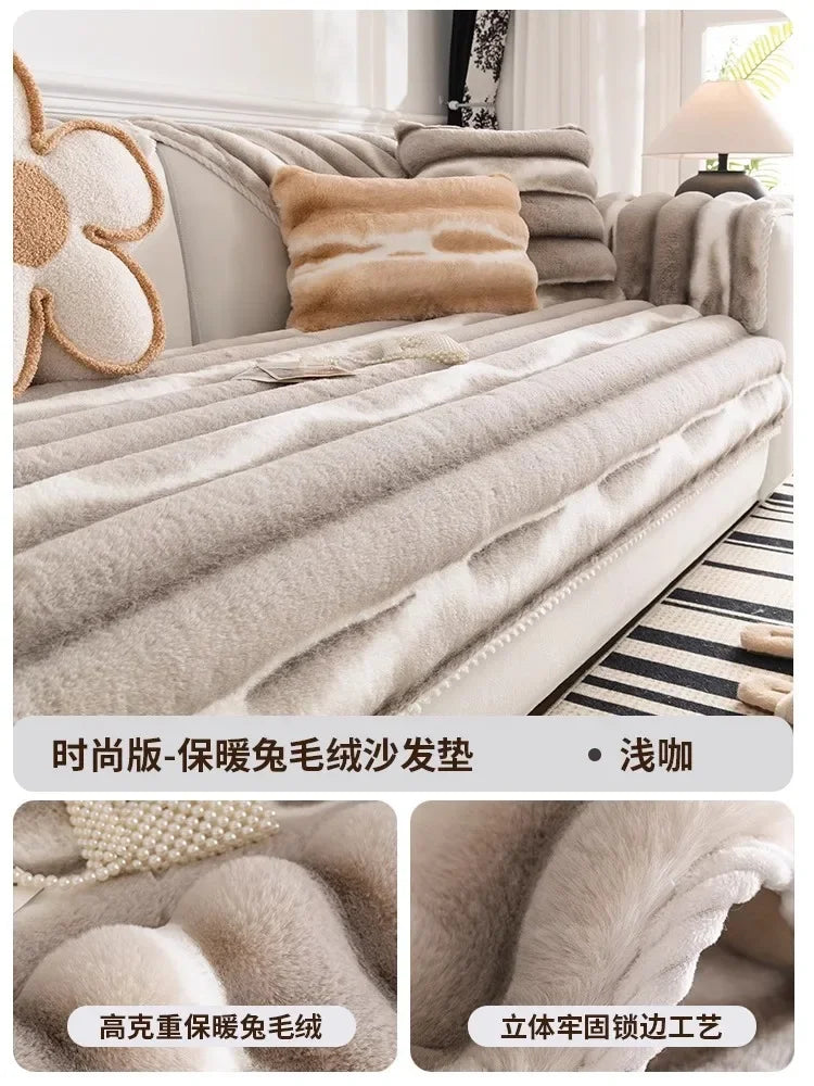 A close-up of a plush sofa cover in gray stripes, showing features like anti-slip lining and durable stitching.