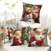 A set of two festive Christmas throw pillow covers featuring Santa Claus and a snowman on a snowy background.