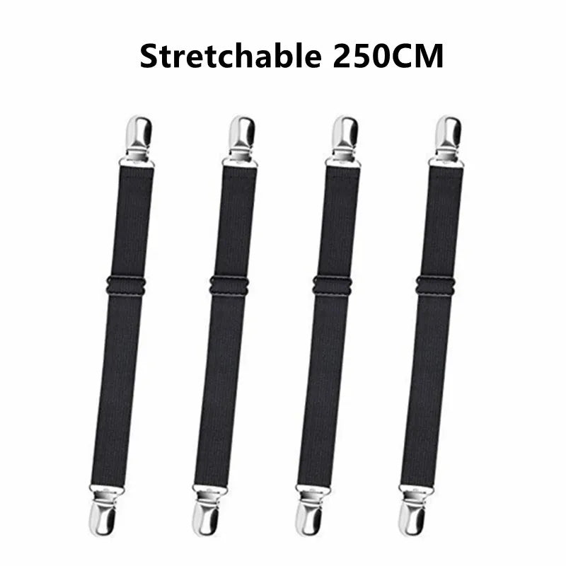 Four black stretchable bed sheet corner straps measuring 250cm each