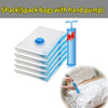 Five packs of clear vacuum compression storage bags with hand pumps stacked and shown next to a bag.