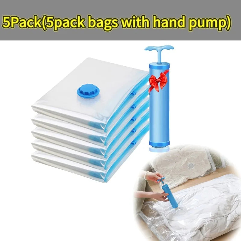 Five packs of clear vacuum compression storage bags with hand pumps stacked and shown next to a bag.