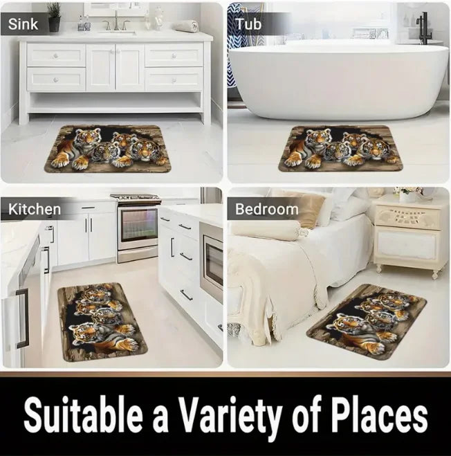A variety of places featuring a pink tiger and tropical palm leaf non-slip entryway rug in different contexts.