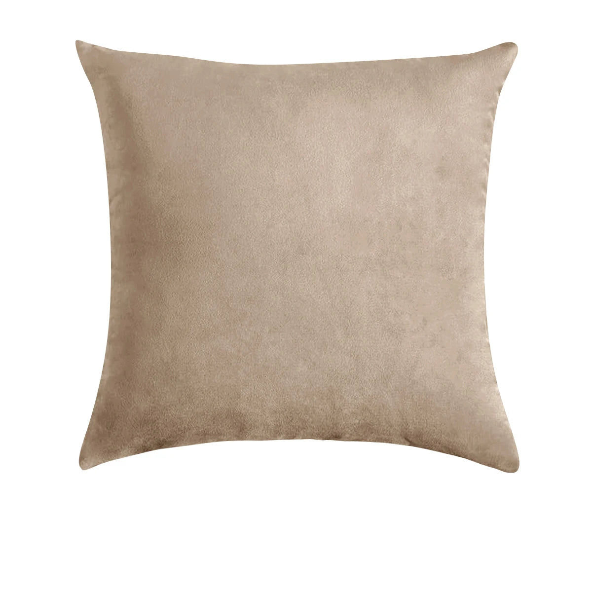 A square, taupe velvet decorative pillow cover.