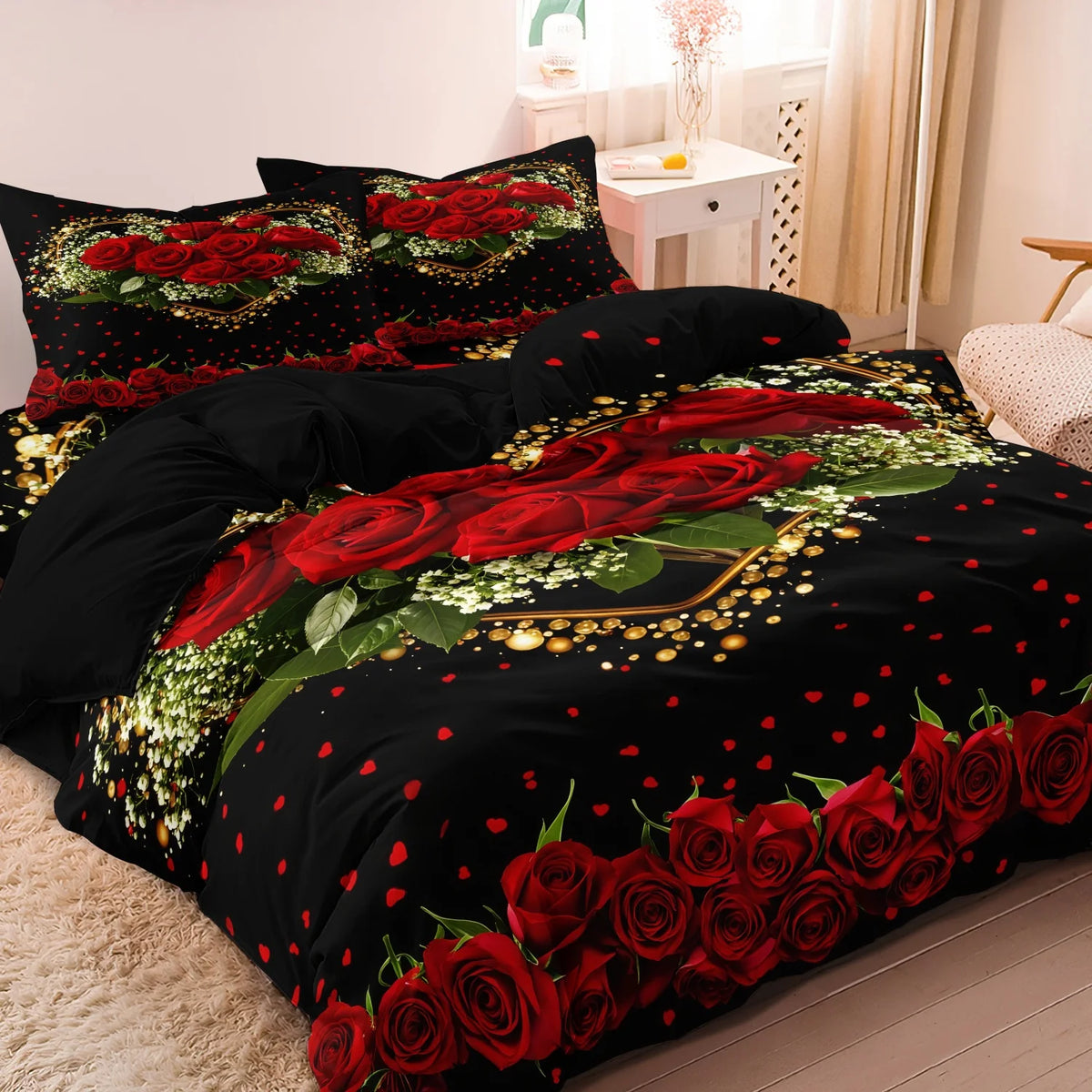 Black bedding set featuring a vibrant red rose floral pattern with gold accents.
