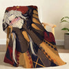 A soft throw blanket featuring a circus theme design with a white-haired character and dark, patterned fabric.