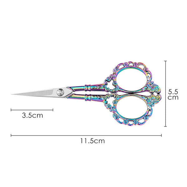 Pair of colorful crafting scissors with a stainless steel blade and ornate handles.