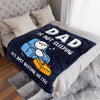 A dark blue blanket featuring a cartoon illustration of a sleeping owl with the text Is Not Dad Sleeping