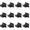Multiple views of black no drill adhesive curtain rod brackets.