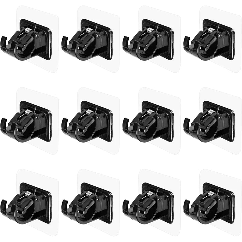 Multiple views of black no drill adhesive curtain rod brackets.