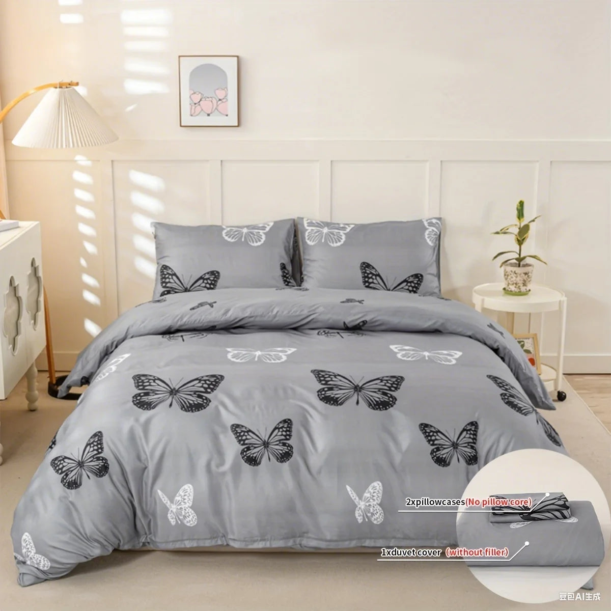 Gray duvet cover set featuring a butterfly print on a bed with natural light.