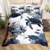 A duvet cover featuring a pattern of various sea turtles in shades of blue and gray.