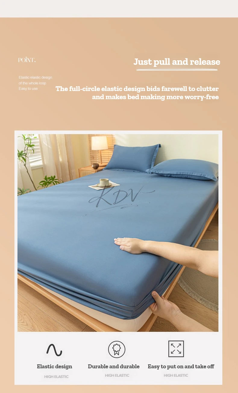 A close-up of a blue fitted sheet being pulled and released to demonstrate the elastic design.