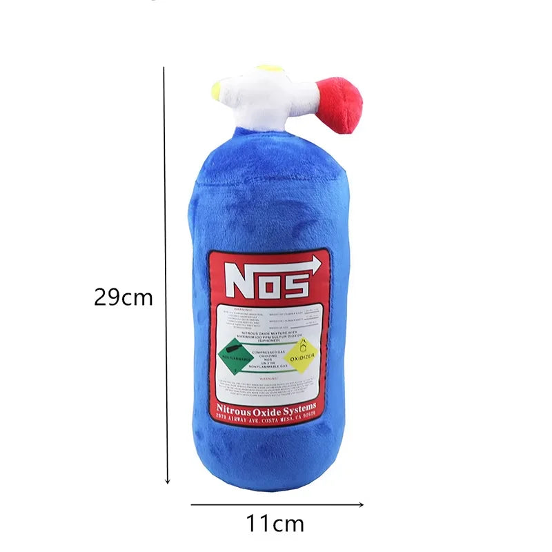 Blue plush bottle shaped car neck pillow and waist cushion set with a red and white cap