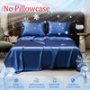 A royal blue ice silk bed sheet with a pillowcase and duvet on a bed, featuring snowflake graphics.