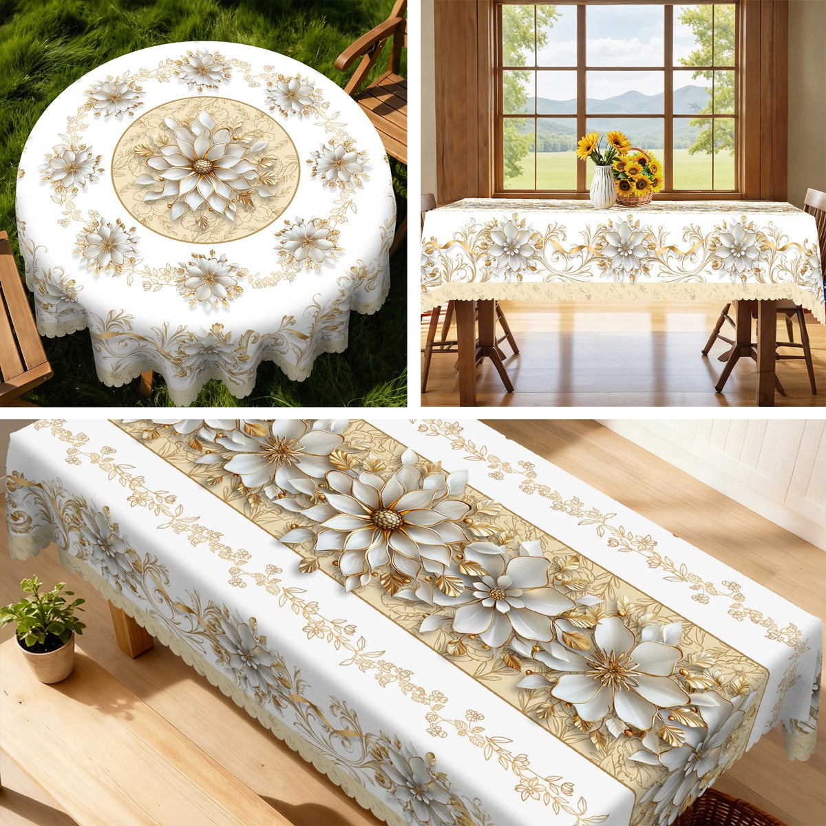 Elegant floral tablecloth with embossed edges featuring white and gold flowers on a wooden table.