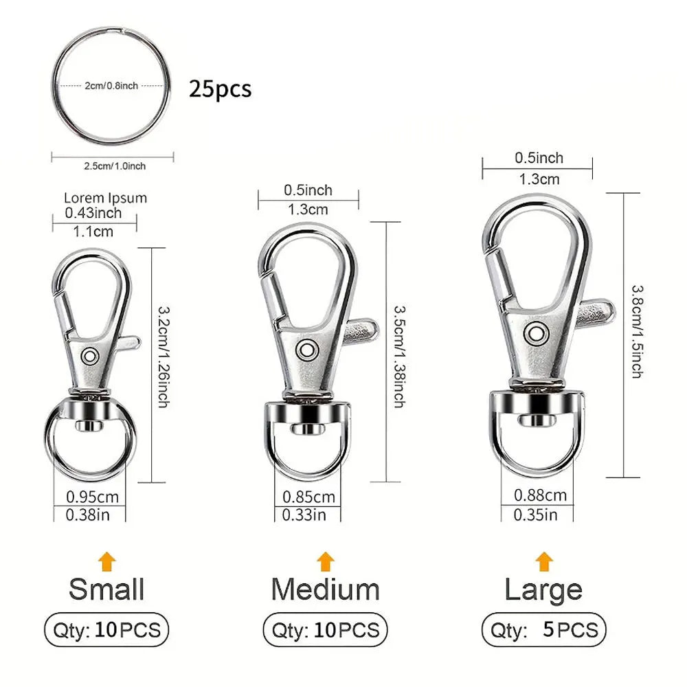 A set of multi-sized metal snap hooks and key rings in various sizes and quantities.