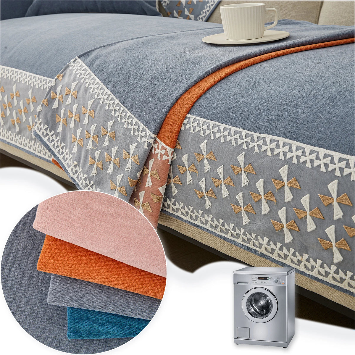 A close-up of a gray quilted sofa cover with orange trim and lace detailing, next to a silver washing machine.