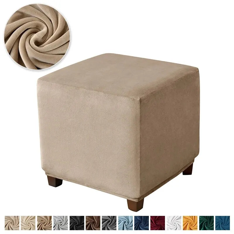 A beige velvet ottoman slipcover with a decorative swirl pattern shown next to the product.