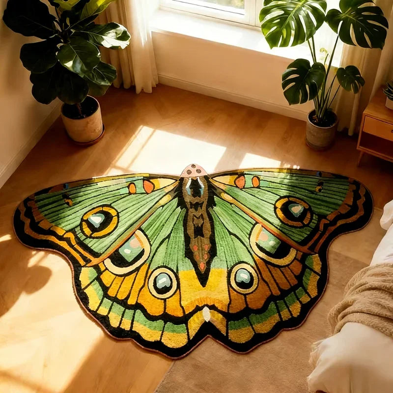 A plush floor rug shaped like a green butterfly with yellow and black accents, placed on a wooden floor.