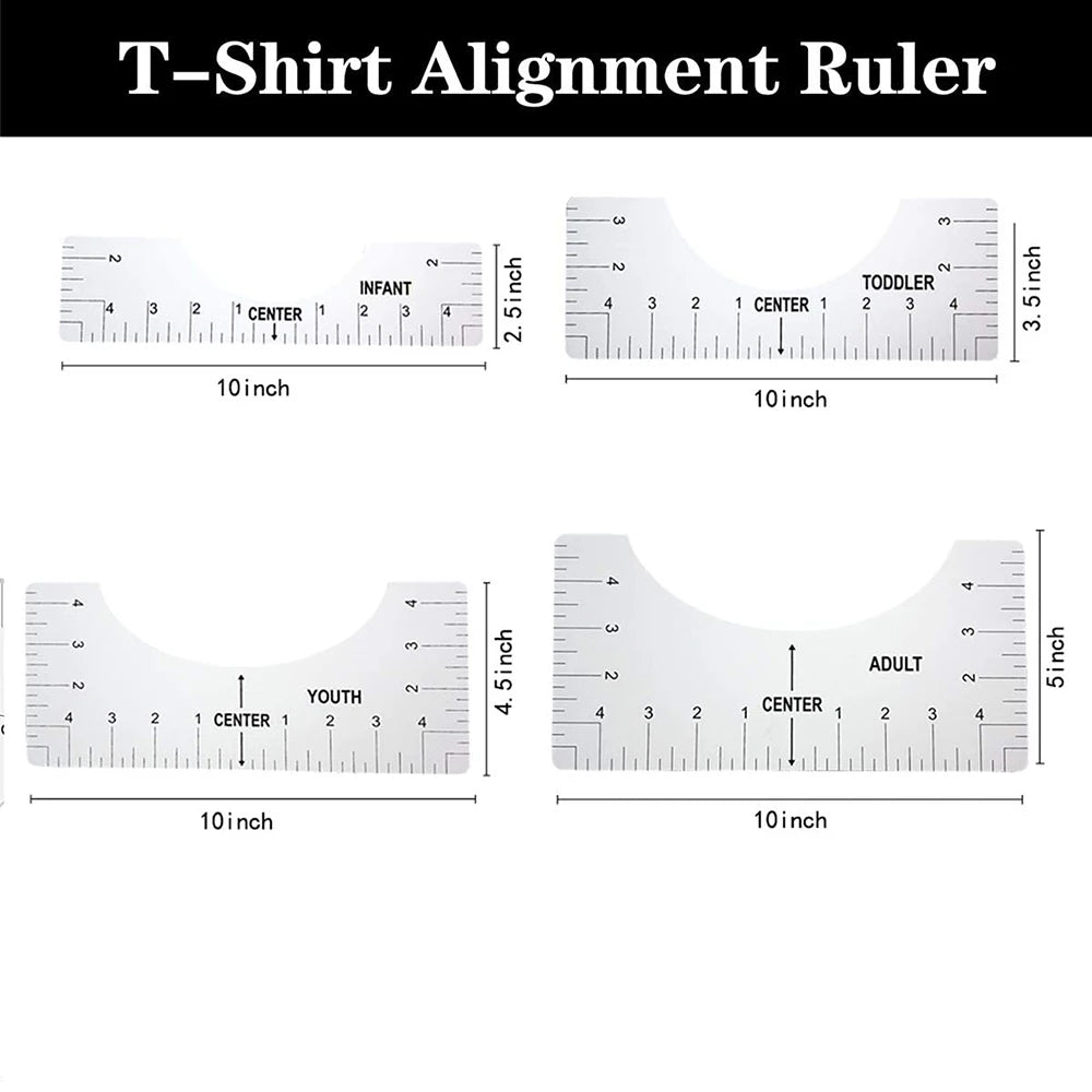 A set of T-shirt alignment rulers showing measurements for infant, toddler, and adult sizes.