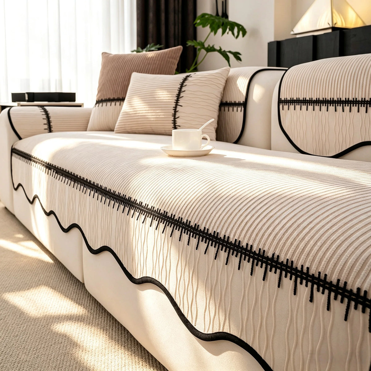 A beige pleated sofa cover with black trim and striped texture is displayed indoors near a window.