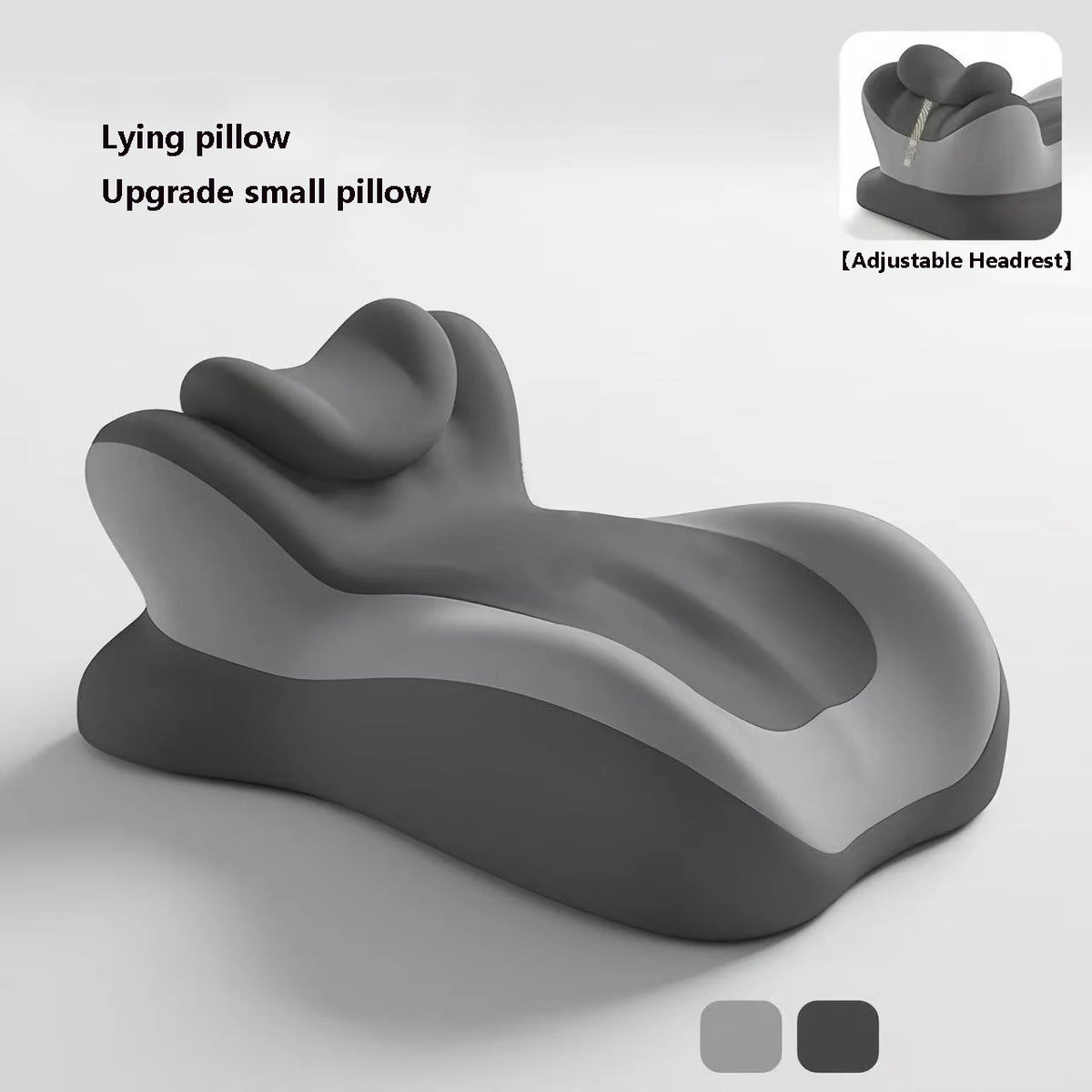 A gray ergonomic memory foam wedge pillow shown with an adjustable headrest feature.