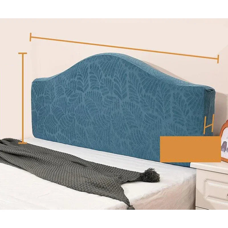 A teal soft elastic headboard cover is displayed on a bed, showing its texture and fit.