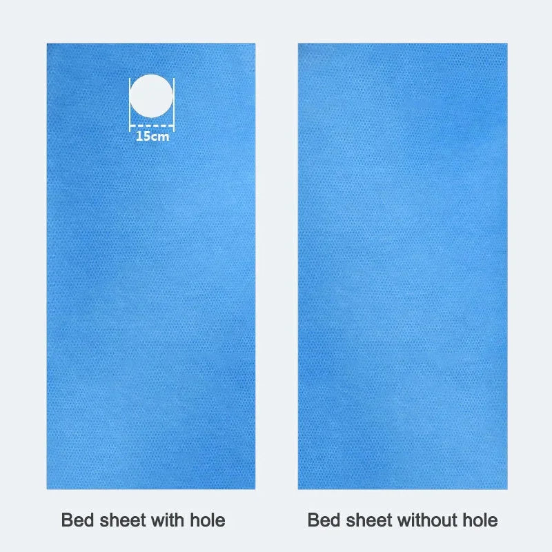 A comparison showing a bed sheet with a hole and a bed sheet without a hole.