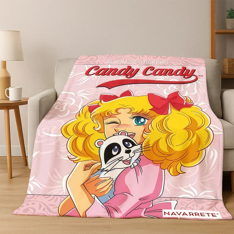 A cartoon illustration of a blonde girl with yellow hair hugging a panda, printed on a pink flannel blanket.