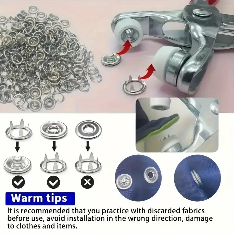 Metal prong rings and snap buttons used as DIY sewing tools with a pair of pliers.