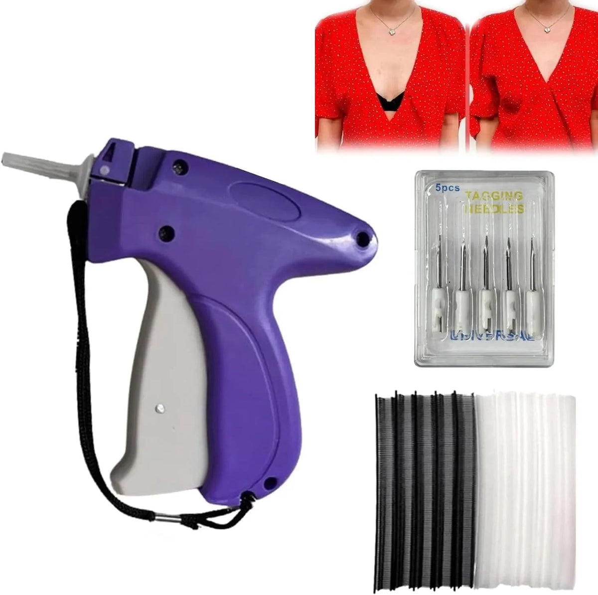 A purple micro stitching gun with a black cord and needle accessories, shown next to a red shirt.
