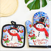 Festive Christmas insulated oven mitts featuring a snowman and Santa design on blue fabric