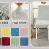 A collection of fabric swatches and a white upholstered chair demonstrating soft material, elastic band, and high-stretch fea