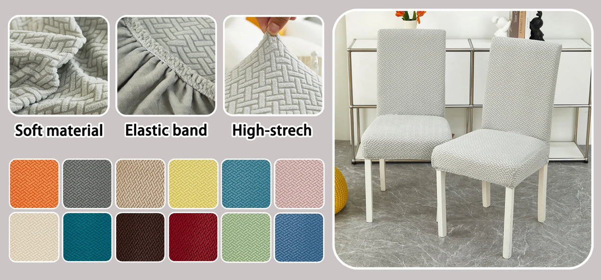 A collection of fabric swatches and a white upholstered chair demonstrating soft material, elastic band, and high-stretch fea