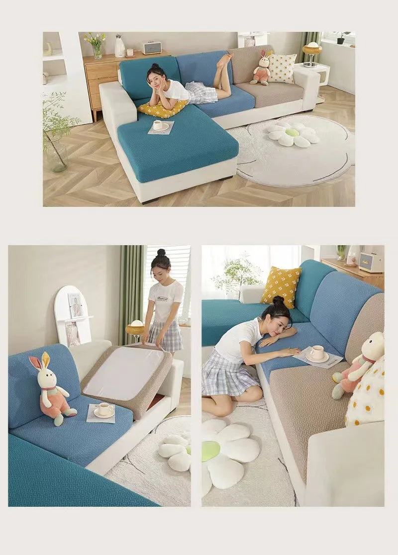 A light blue sofa seat protector cushion cover with a white fabric and decorative stitching.