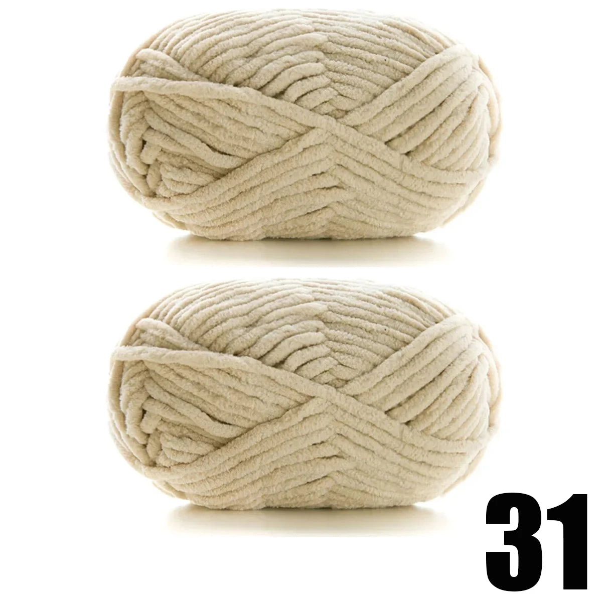 A ball of thick, beige velvet yarn used for knitting and crochet projects.