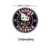 A black embroidery patch featuring a white cat face with pink accents, surrounded by text that reads I CHOOSE VIOLENCE.