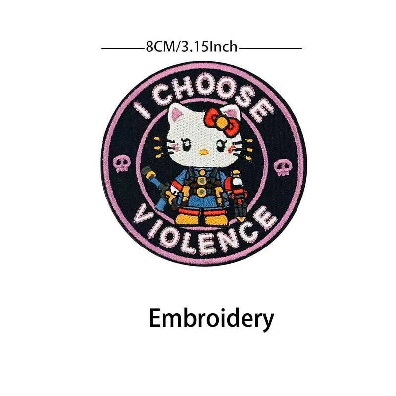 A black embroidery patch featuring a white cat face with pink accents, surrounded by text that reads I CHOOSE VIOLENCE.