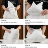 Step-by-step instructions showing how to fill and pat a white polyester cushion insert for throw pillows.