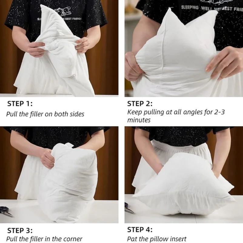 Step-by-step instructions showing how to fill and pat a white polyester cushion insert for throw pillows.